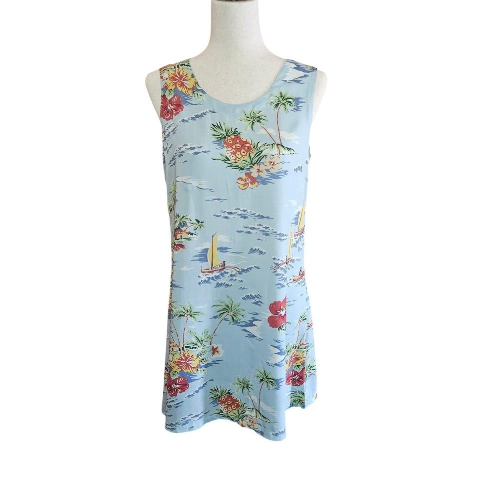 Peppermint Bay Tropical Pineapple Hibiscus Rayon Shift Dress Blue Womens Medium